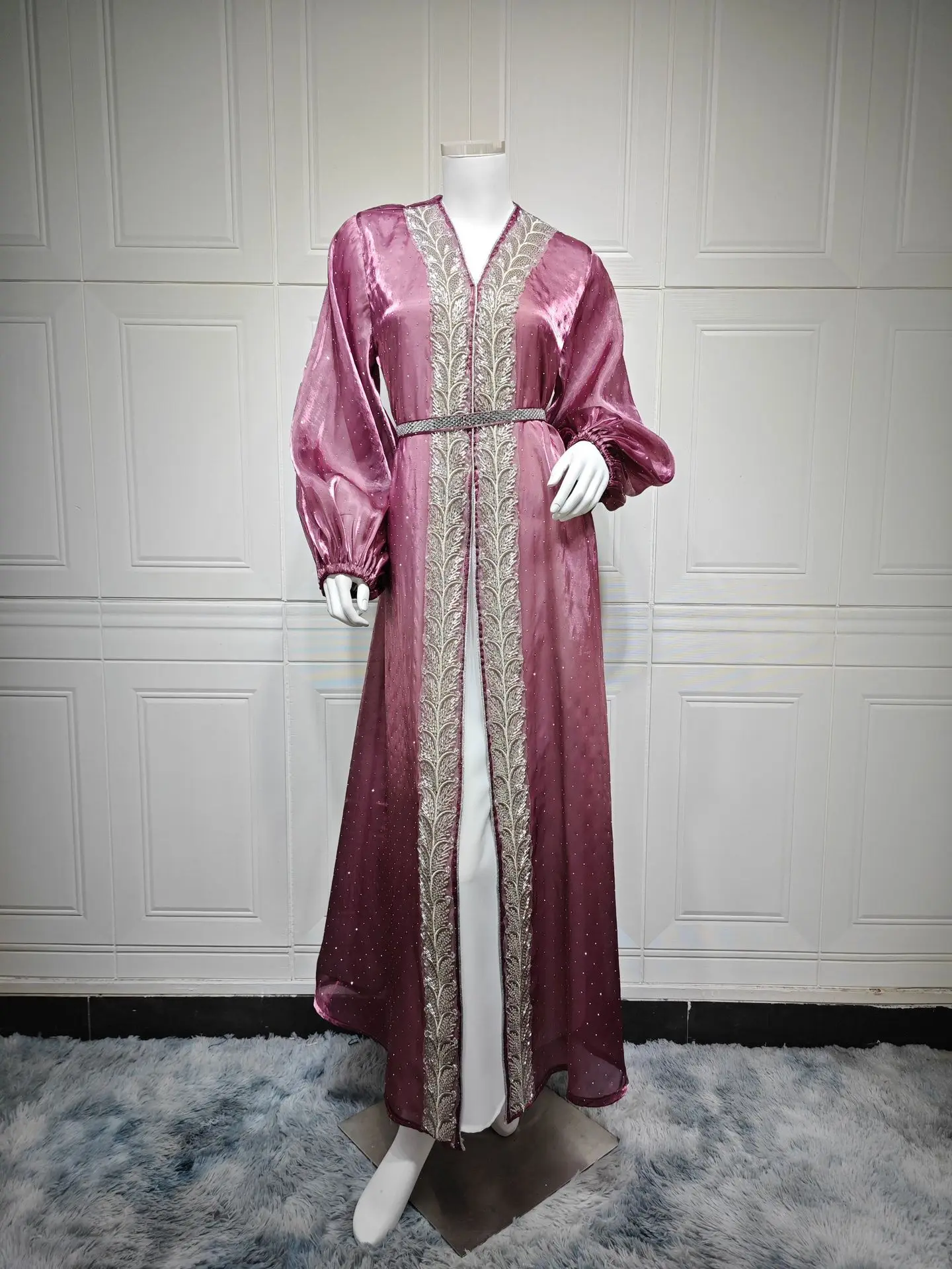 Eid Muslim Abayas für Frauen Party 2-teiliges Set Satin Diamant Strickjacke Robe Kleid Marokko Kaftan Islam Ramadan Dubai Vestidos Kleid