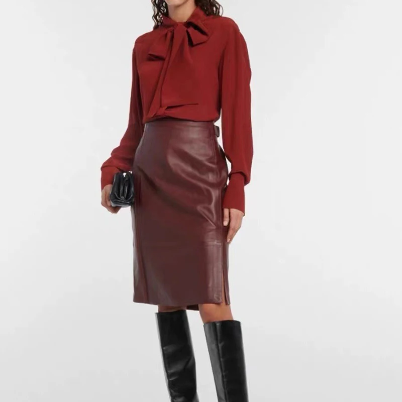 Burgundy Genuine Leather Skirt Women Spring Autumn Italy Fashion Simple Lambskin Side Split Back Zipper A-Line Midi Jupe Femme