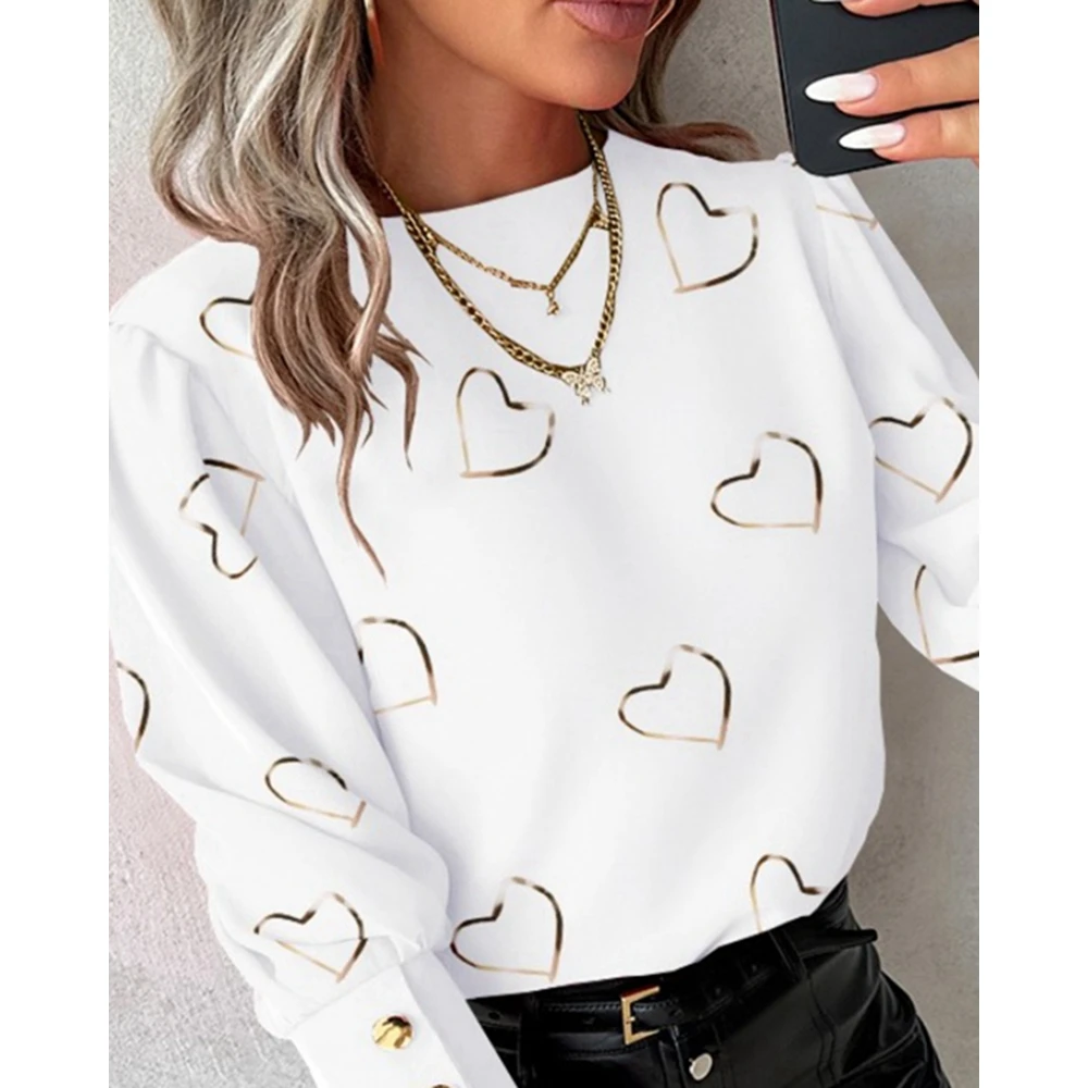 2024 Spring Heart Print Buttoned Decor Blouse Gigot Sleeve Casual Top for Women Fashion Femme Round Neck T Shirts Streetwear