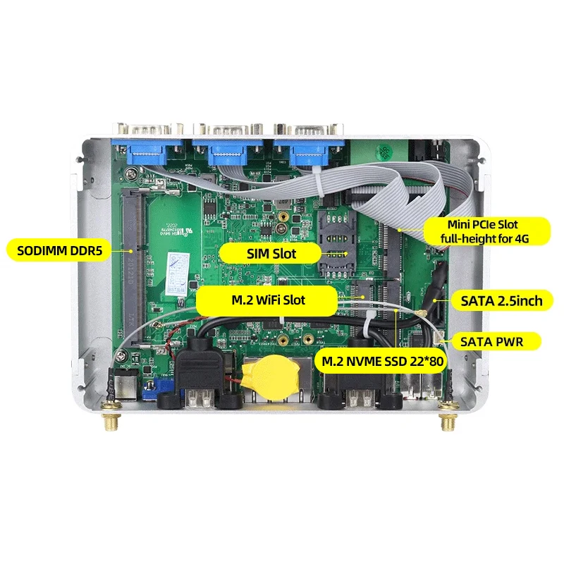 XCY كمبيوتر صناعي صغير Intel N100 CPU 6 * DB9 منافذ تسلسلية GPIO 6xUSB 2x LAN DDR5 M.2 NVMe SSD WiFi 4G SIM Watchdog Win10/11 Linux