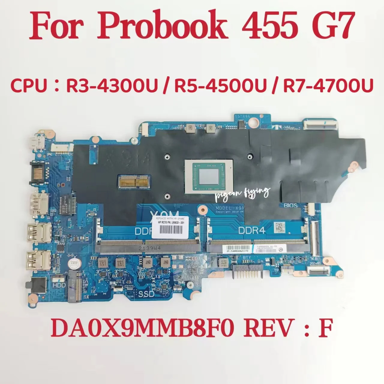 DA0X9MMB8F0 Mainboard For HP Probook 455 G7 Laptop Motherboard CPU:R3-4300U R5-4500U R7-4700U DDR4 L98554-601 L98554-001 Test OK