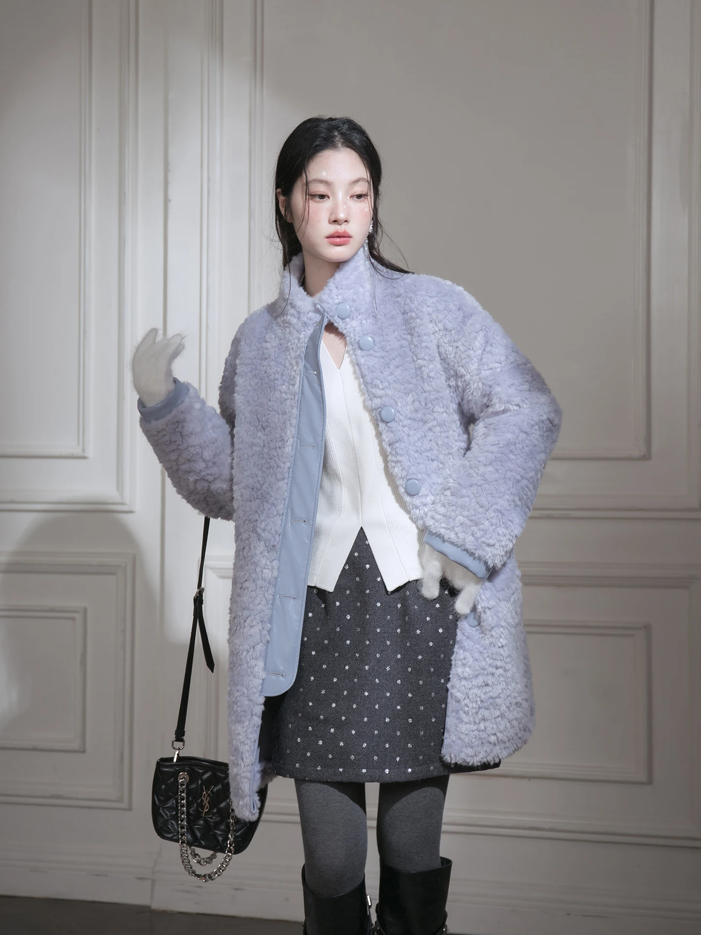 

Double-Sided Wearable Fog Velvet Purple Stand Collar Eco-Friendly Fur Leather Inteated Coat Warm Casual Daily Long Sve W...