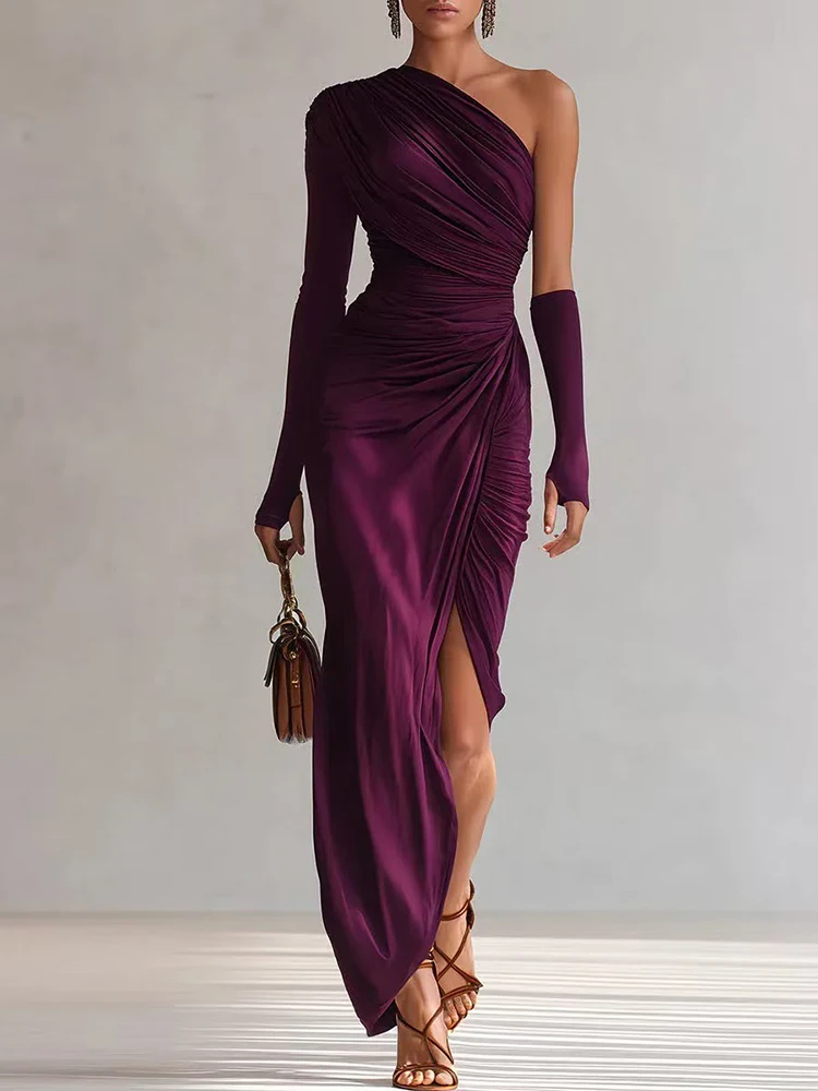 Sexy Slanted Shoulder Long Sleeves Maxi Dress Women Elegant Split Solid Color Party Dress Fashion Hight Waist Slim Long Dresses