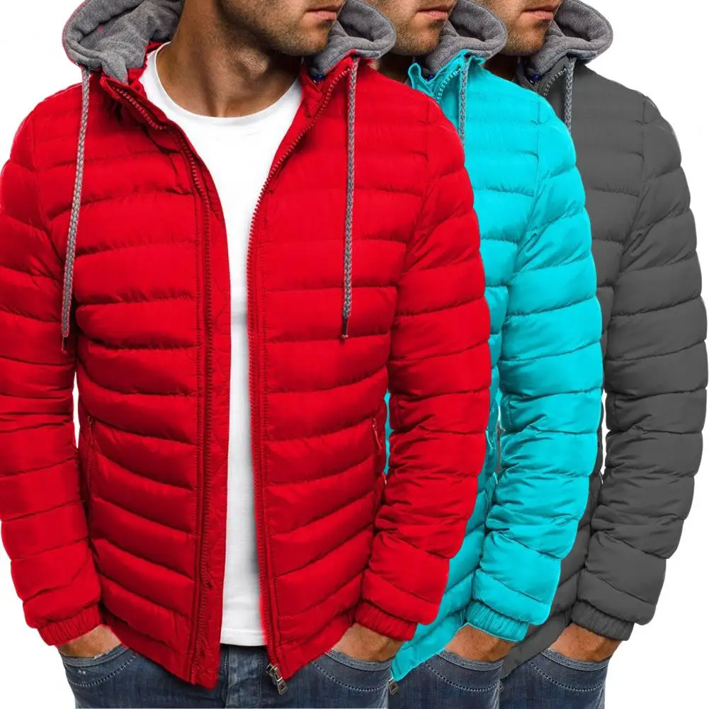 Men Jacket Hooded Zipper Solid Color Long Sleeves Pockets Coldproof Autumn Thicken Cotton Padded Overcoat for Outdoor