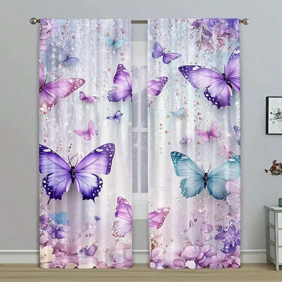 2PCS Dreamy Butterfly Curtains, Polyester Fiber, Insulated Privacy Curtains, Rod Pocket Design, Protecting Privacy