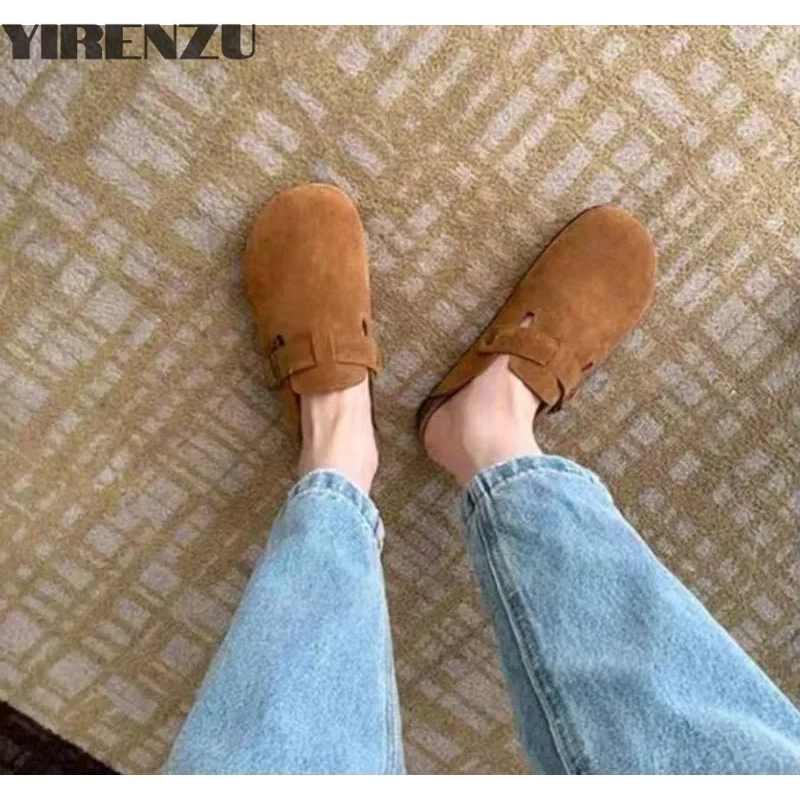 Summer Retro Birken Style Brown Faux Suede Flat Slippers Fashion Round Toe Platform Mules Outdoor Woman Soft Sole Cork Slides