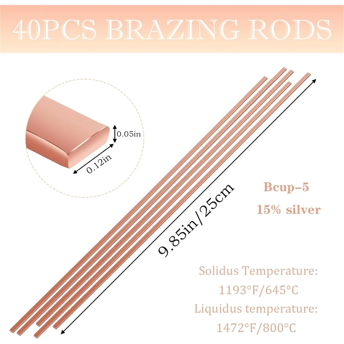 แท่งเชื่อมเงิน AA25 40 แท่ง 15% ผสมเงิน - แท่งเชื่อมทองแดงฟอสเฟตแบบแบน สำหรับงาน HVAC, เครื่องปรับอากาศ, โลหะผสมสำหรับบัดกรีเชื่อม 25 ซม.
