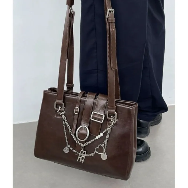 JIAERDI Sweet Cool Brown Shoulder Bags Purse Women High Street Leather Chain Handbag Ladies Moto Biker Casual The Tote Bag Y2k