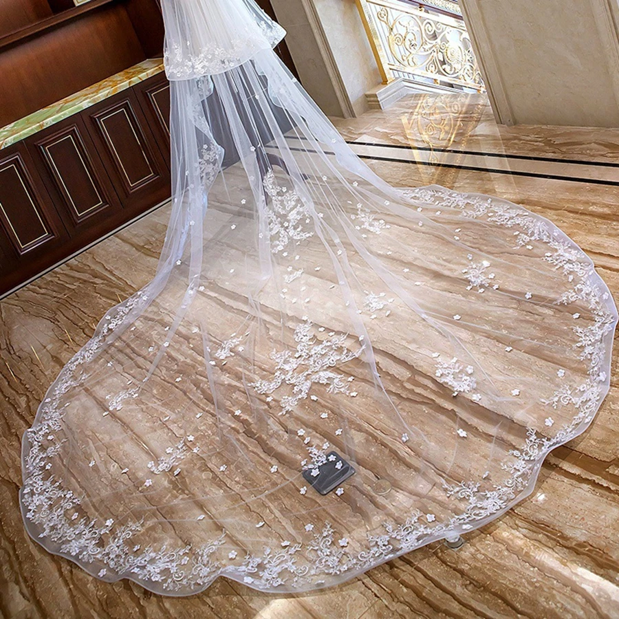 جديد وصول الأبيض العاجي طبقتين الدانتيل طرحة زفاف مع الزهور كاتدرائية حجاب الزفاف الطويل 2026 اكسسوارات الزفاف العروس #5