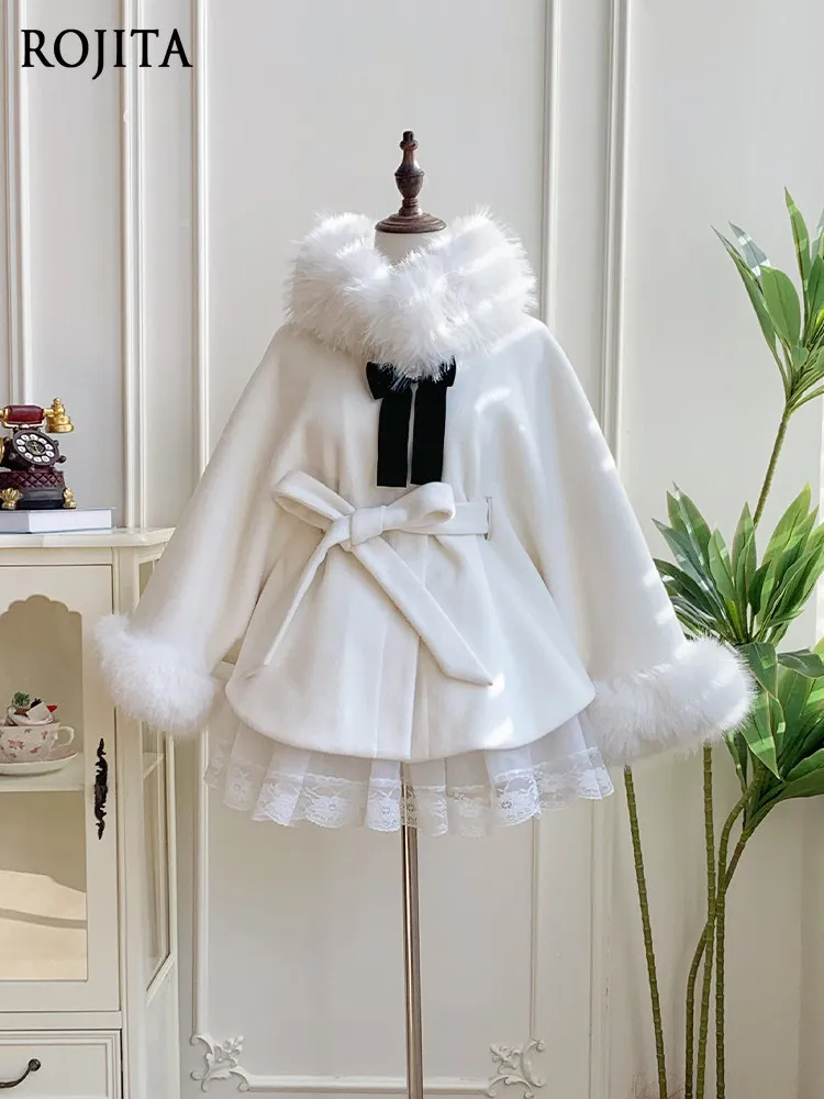 Fleece-Lined Thickened Cape Coat with Detachable Faux Fur Collar Winter Lolita Cape Women 2026 New White Coat