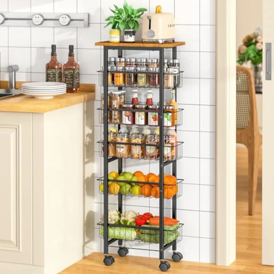 

6 Tier Slim Storage Cart with Pull Out Basket, Wooden Top Rolling Kitchen Cart with Lockable Wheels, Metal Wire Fruit Vegetable
