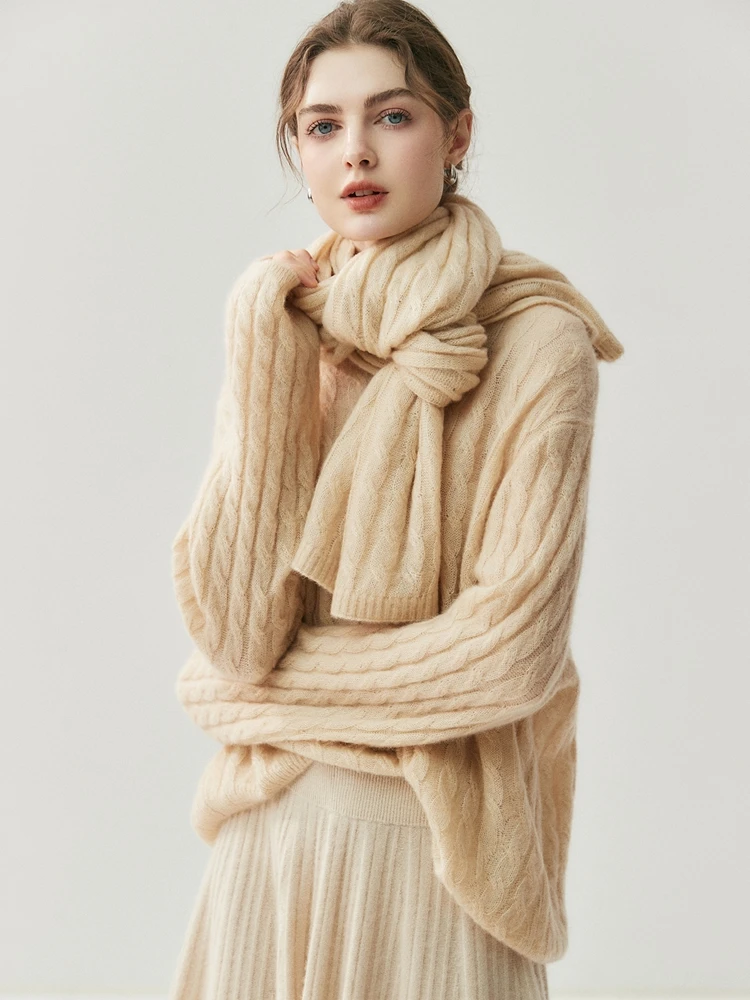 

ADDONEE Women's O-neck Pullover Cable Knit Casual Loose 100% Cashmere Sweater Autumn Winter High Quality Preppy Style Knitwear