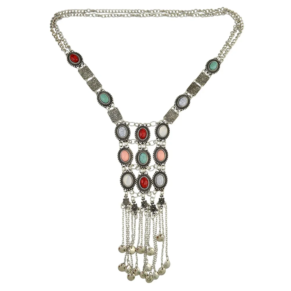 Vintage Golden Silvery Long Chains Artificial Gemstone Bead Coin Necklace for Women Gypsy Ethnic Clothing Sweater Neck Jewelry