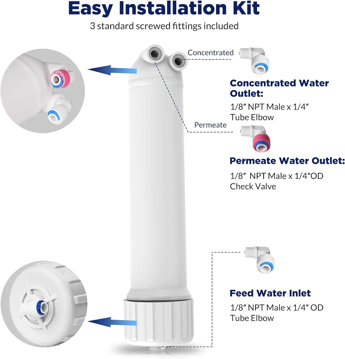 1812/2012 24-150 GPD Reverse Osmosis Membrane Filter Housing Replacement with Elbow Fittings, Housing Wrench, Check Valve