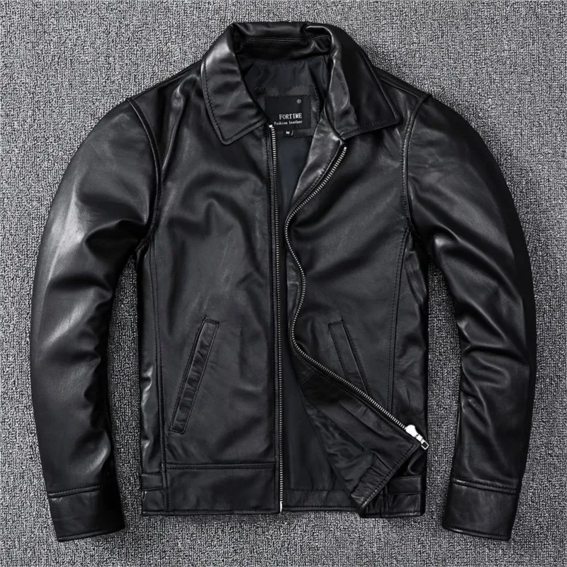 New top-grain leather men's short thin lapel casual coat