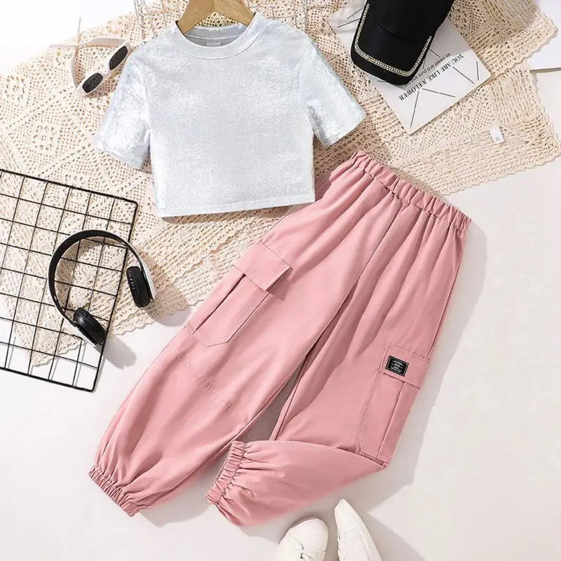 

8-12 Years Children Girls' Gold-stitched Knitted Bling Bling Short Sleeved Casual Work Pants