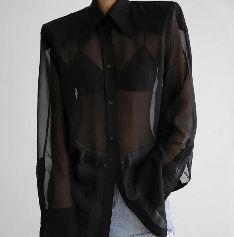 

Сексуальная прозрачная сетчатая рубашка женская с длинным рукавом с отложным воротником свободные топы новый темперамент шикарная высококачественная вечерние клубная блузка