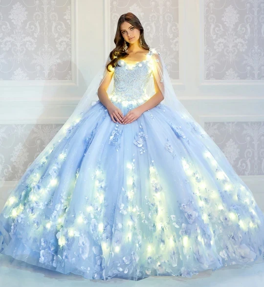 Sky Blue Puffy Quinceanera Dresses Ball Gown Spaghetti Straps Tulle Floral Beaded Cheap Sweet 16 Dresses Customized