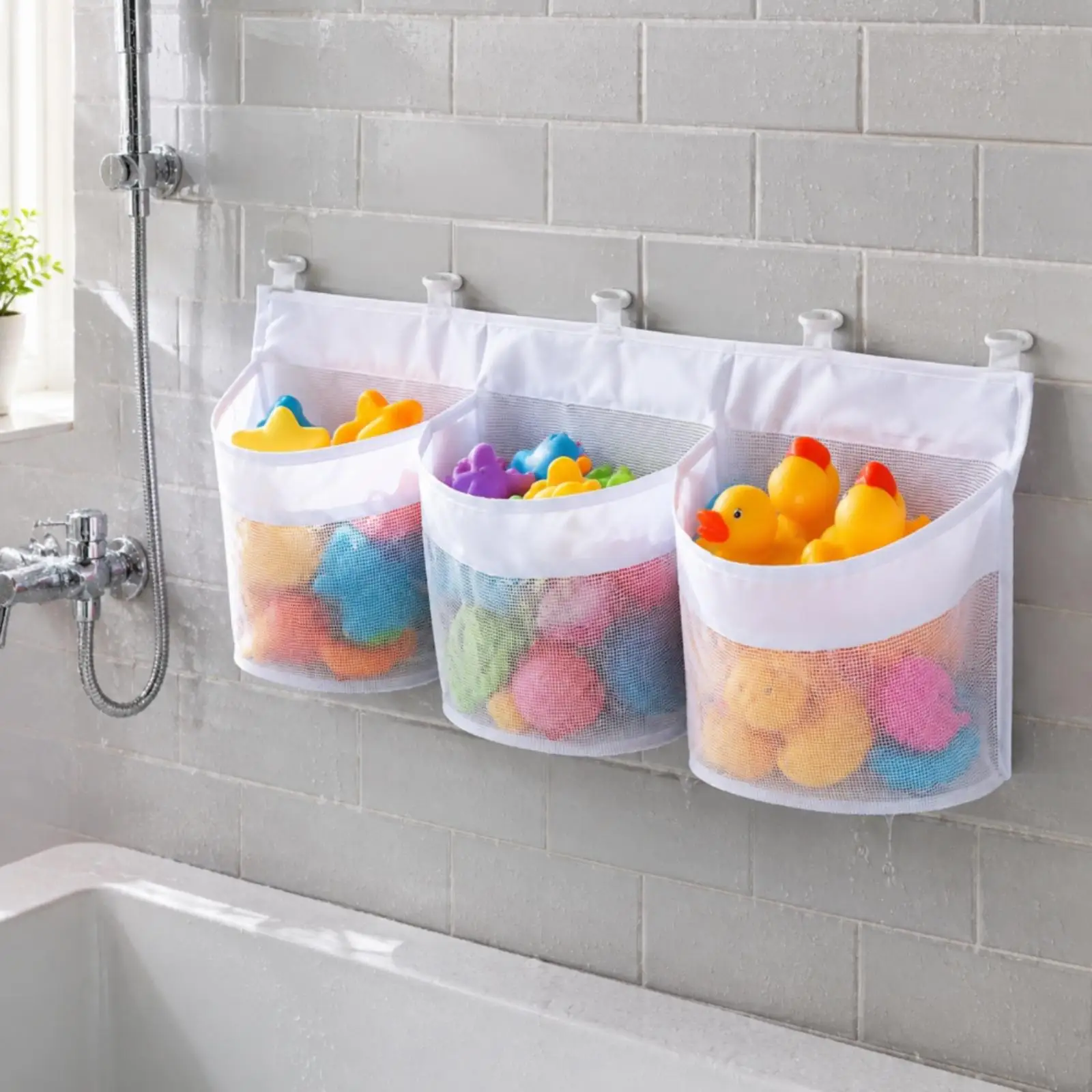 Quick Dry Mesh Bathroom Wall Storage Bag for Bath Toys with Reinforced Trim and Open Top Compartments