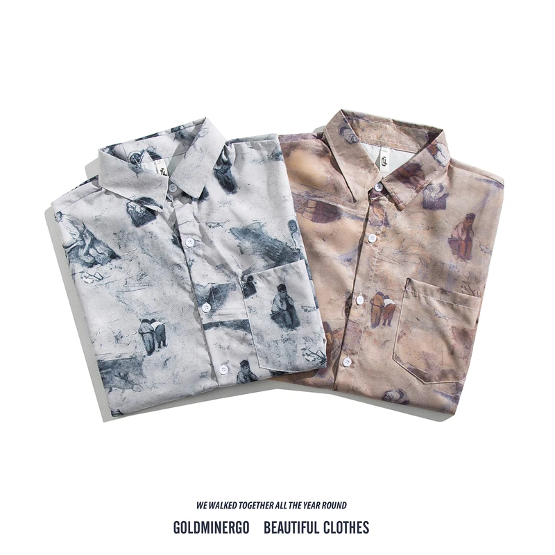 

Retro Hong Kong Sle Ice Silk ort Sve Casual irt Thin Summer Men Women Leisure Brand Printed Student Jaet Coat