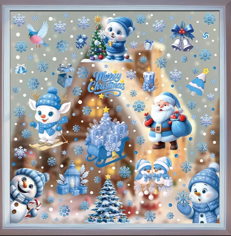 ملصقات نافذة عيد الميلاد الشتاء ثلج سانتا كلوز ندفة الثلج الأيائل ملصقات ثابتة الزجاج الحلي عيد ميلاد سعيد ديكور