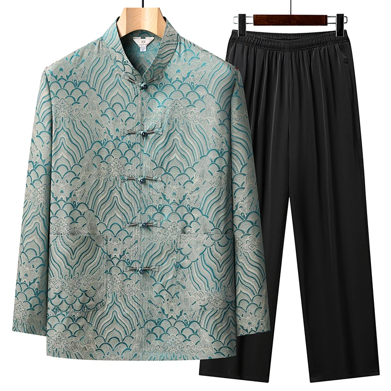 New Men's Chinese Traditional Clothing Jacquard Kung Fu Tai Chi Hanfu Long Sleeve Set Chinese Style Outfit