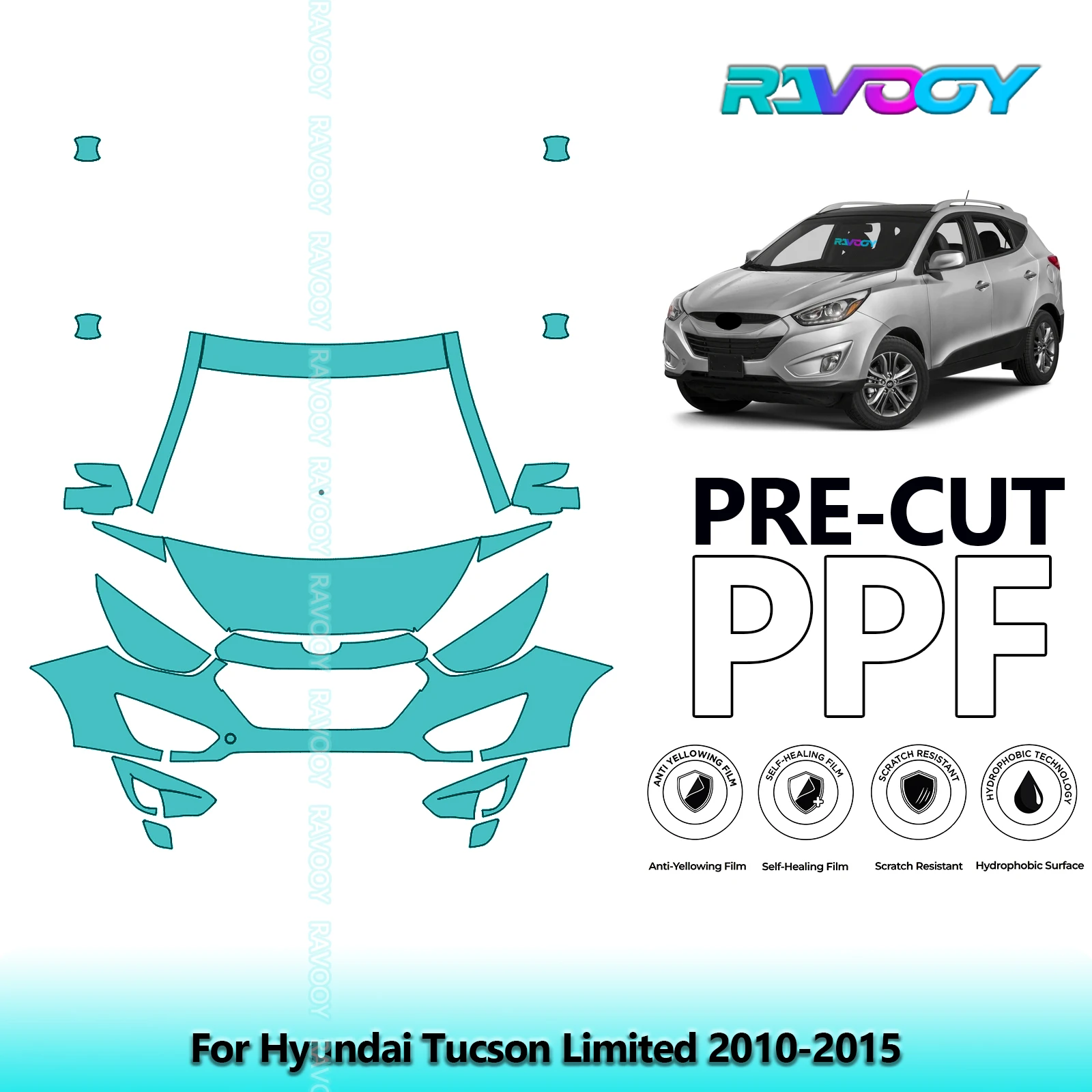 RAVOOY 8.5Mil Custom-Fit Precut TPU PPF Front Kit Clear Bra Stone Guard EU UK For Hyundai Tucson Limited 2010-2015