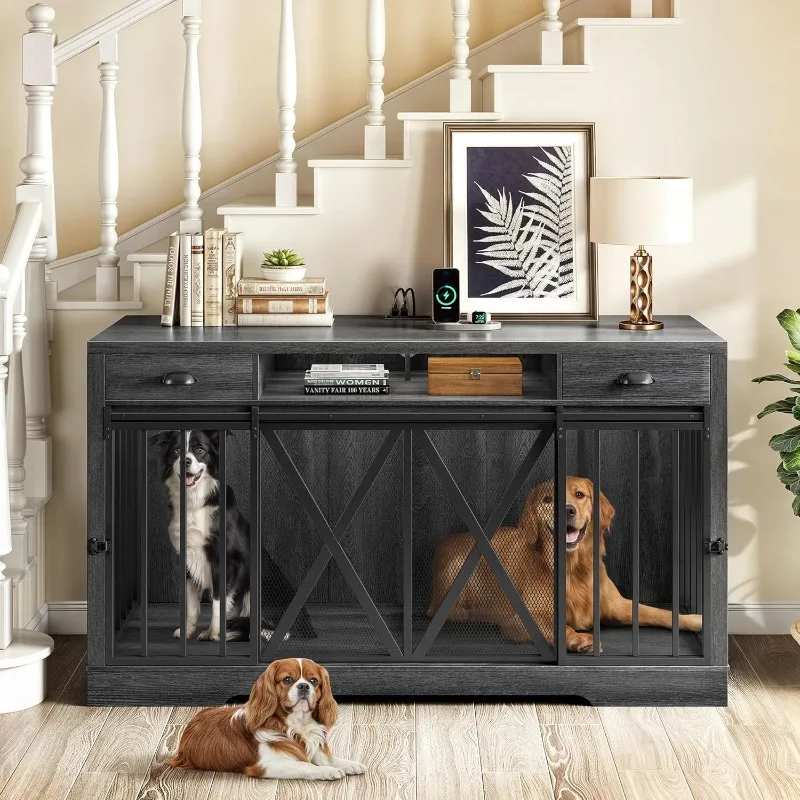 63 Inch Double Dog Crate TV Stand with Power Outlet, Heavy Duty Wooden Dog Crate Furniture for 2 Dogs, Dog Kennel Indoor