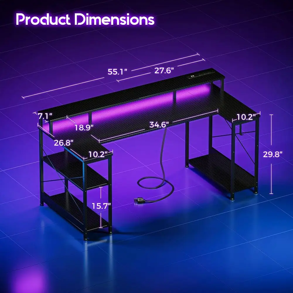 مكتب ألعاب من ألياف الكربون على شكل حرف U، 55 مصباح LED مع مخرج طاقة، وحامل شاشة للتخزين لألعاب الكمبيوتر أو المكتب المنزلي #3