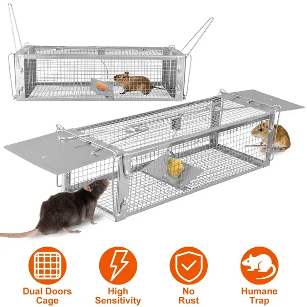 

Dual Door Rat Trap Cage Humane Live Rodent Dense Mesh Trap Cage Zinc Electroplating Mice Mouse Control Bait Catch with 2