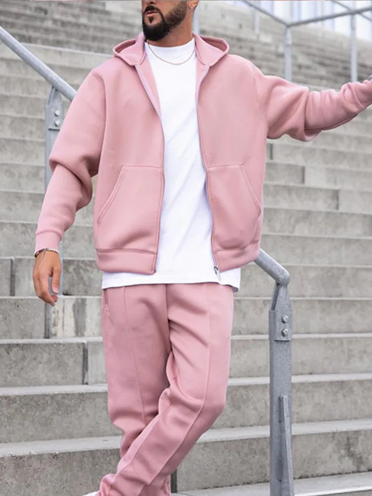 Men's Autumn Winter Hot Sale Suit Pink Hooded Long Sleeve Pocket Zipper Sweatshirt Simple Versatile Sweatpants Two-piece Set