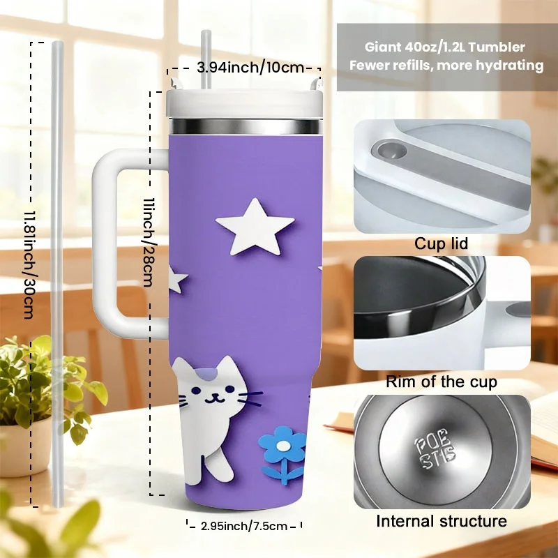 1ps Stainless Steel 40oz Insulated Tumbler, Cartoon Cats & Blue Flowers Digital Print Design, Reusable Heat & Cold Preserving Drink Cup, Ideal for Daily Commute, Office Use & Outdoor Trips