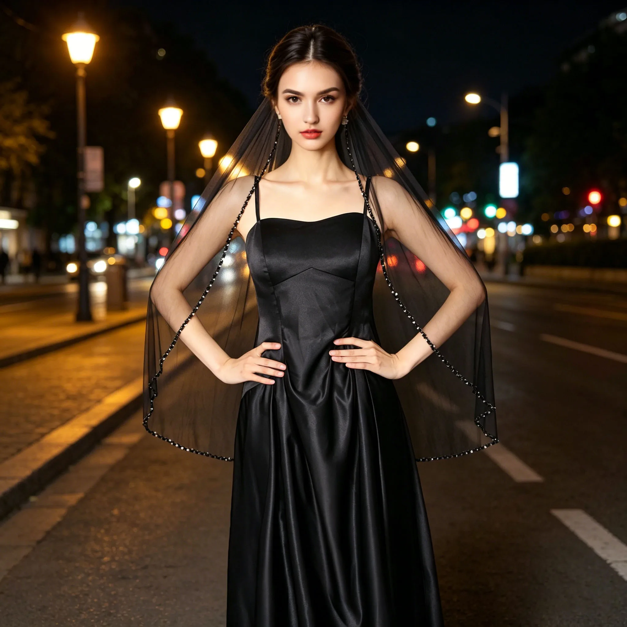 Elegant Black Wedding Veil Mysterious Bridal Accessory with Tube Pearls Crystals and Sequins Adorned Edge for Ceremony G134