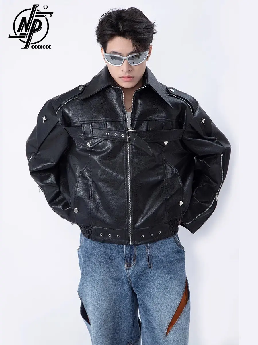 Original PU Leather Men Jacket Metal Straps Design 2023 Solid Color Zipper  Casual High Street Motorcycle Racing Male Tops