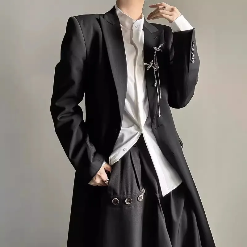 

Мужской стильный черный длинный пиджак с воротником костюма, уникальный и элегантный стиль, универсальная и утягивающая пригородная куртка