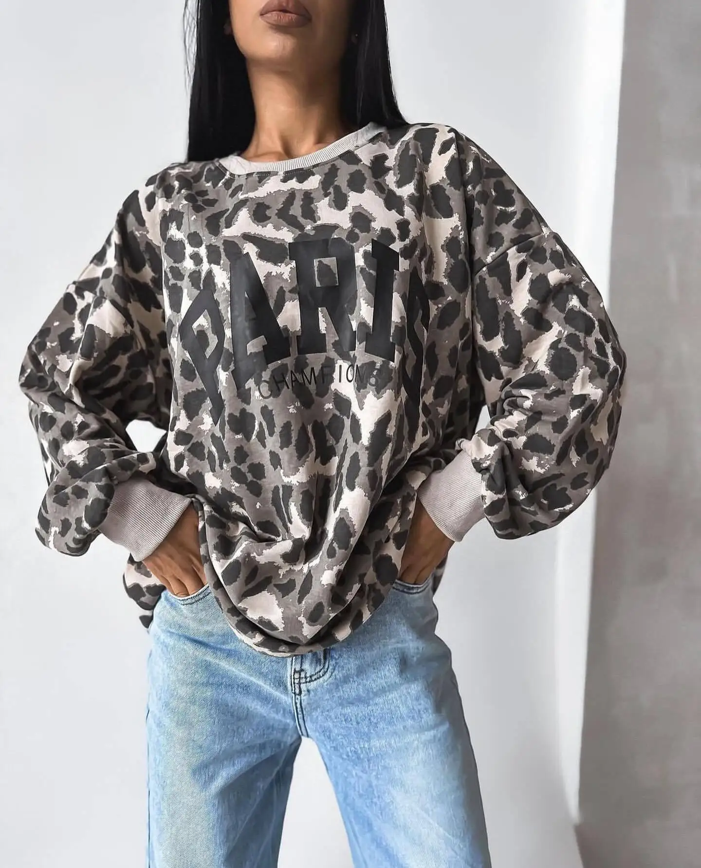 Fall Women\'s Sweatshirt Long Sleeves Pullovers Letter Leopard Print Outerwear Loose O-neck Sexy Female\'s Tops Oversize Hoodie