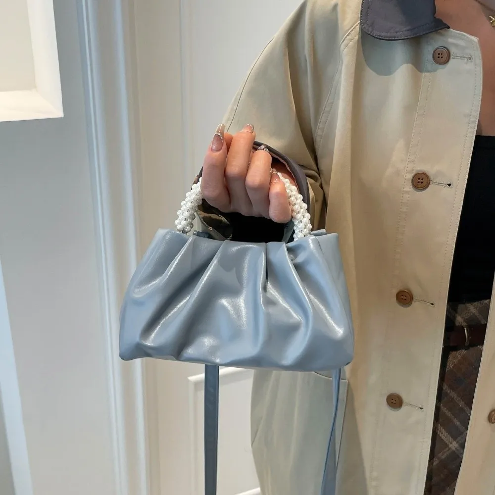 Fashion Solid Color Cloud Bag Imitation Pearl Portable Pearl Handbag Square Wrinkled Women Shoulder Bag Girls