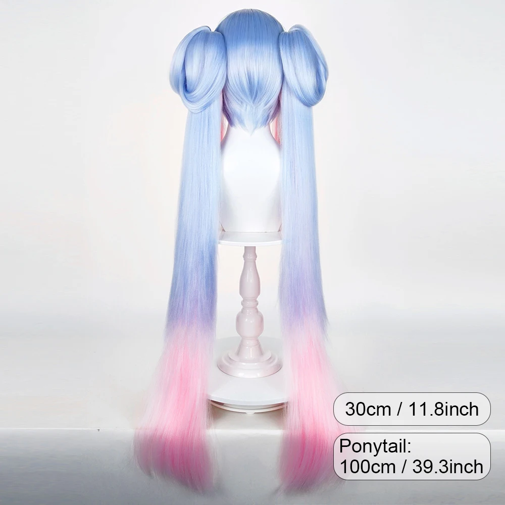 Blue Ombre Pink Long Straight Synthetic Fluffy Wigs with Bangs Anime Game Cosplay Wig with Double Ponytail Clip Wig view 2