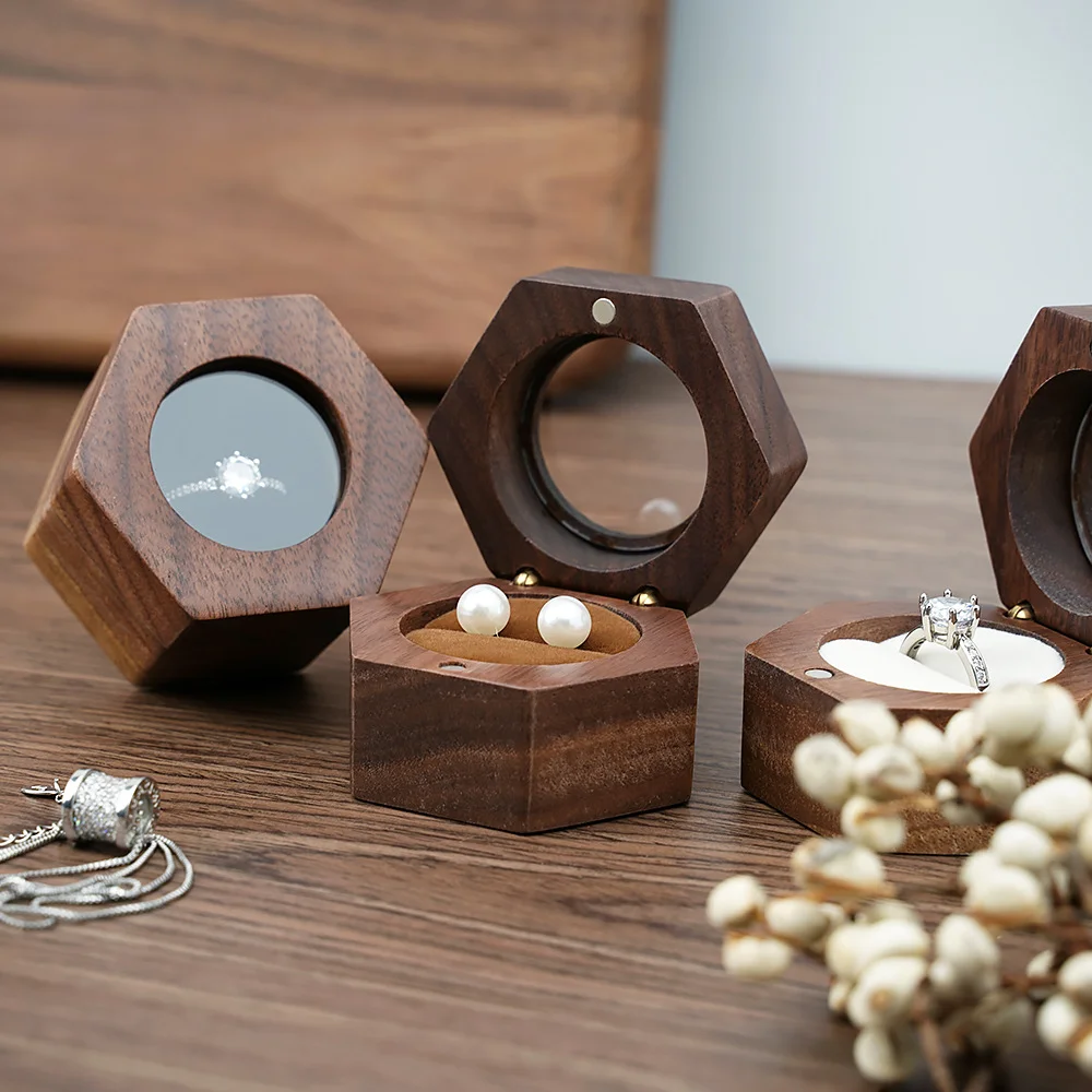 Home Furnishings Dustproof Necklace Earring Storage Box Engagement Retro Hexagon Jewelry Box Velvet Mini Ring Carrying Case Tool