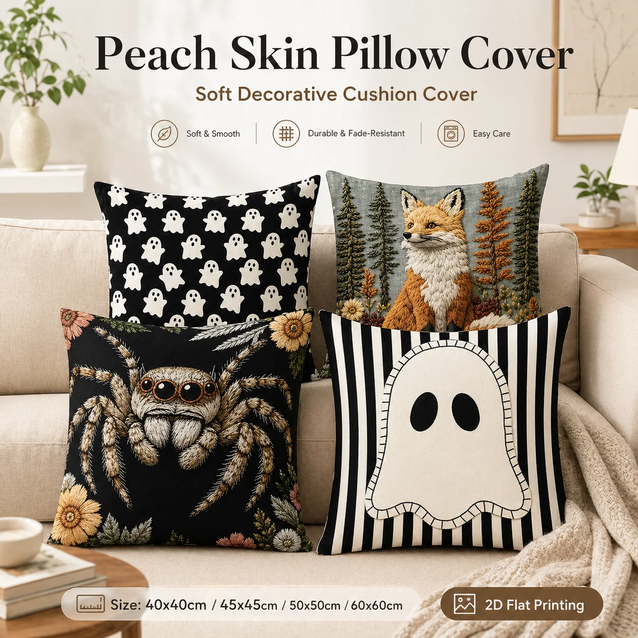 

Peach Skin Pillow Cover 2D Flat Printed Cute Ghost Fox Spider Cushion Case for Sofa Living Room Halloween Home Decor 45x45cm