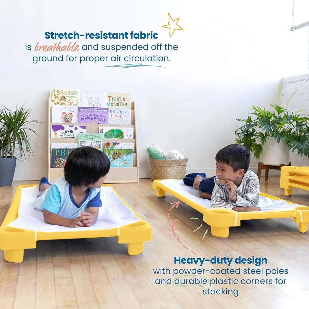 Stackable Kiddie Cot, ukuran standar, furnitur kelas, kuning, 6-Pack