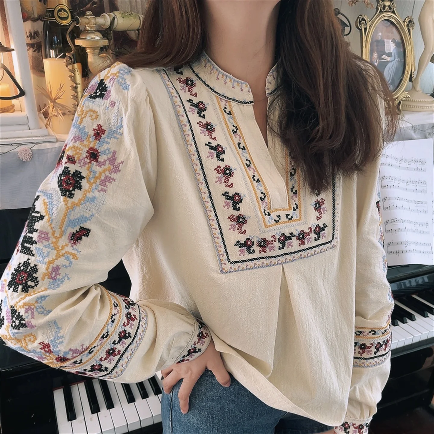 

n Cotton Linen Long Sve Embroidered irt Women's Loose Fit Breathable V-Ne Top Autumn Early Small Fre Sle