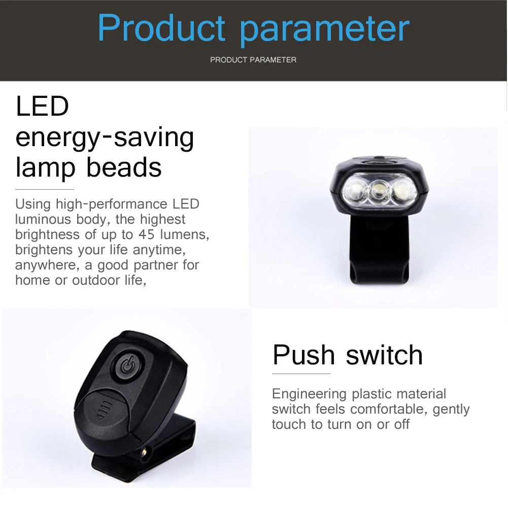 مصباح LED محمول قابل للدوران للتخييم ، مشعل بسيط ، مشبك قبعة ، المشي لمسافات طويلة والصيد الليلي ، ضوء حديث ، 45 لومن ، 90 درجة ، 3LED