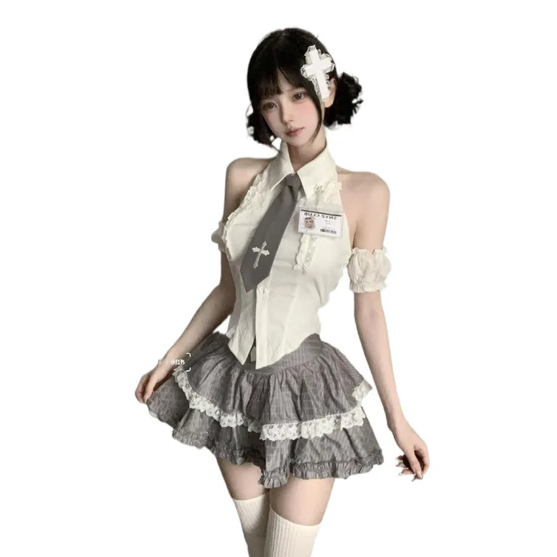 Japanese Sweet Preppy Style Outfits 2 Piece Set Women Vintage Kawaii Lace Patchwork Tops + Y2k Plaid Slim Mini Skirt Female New