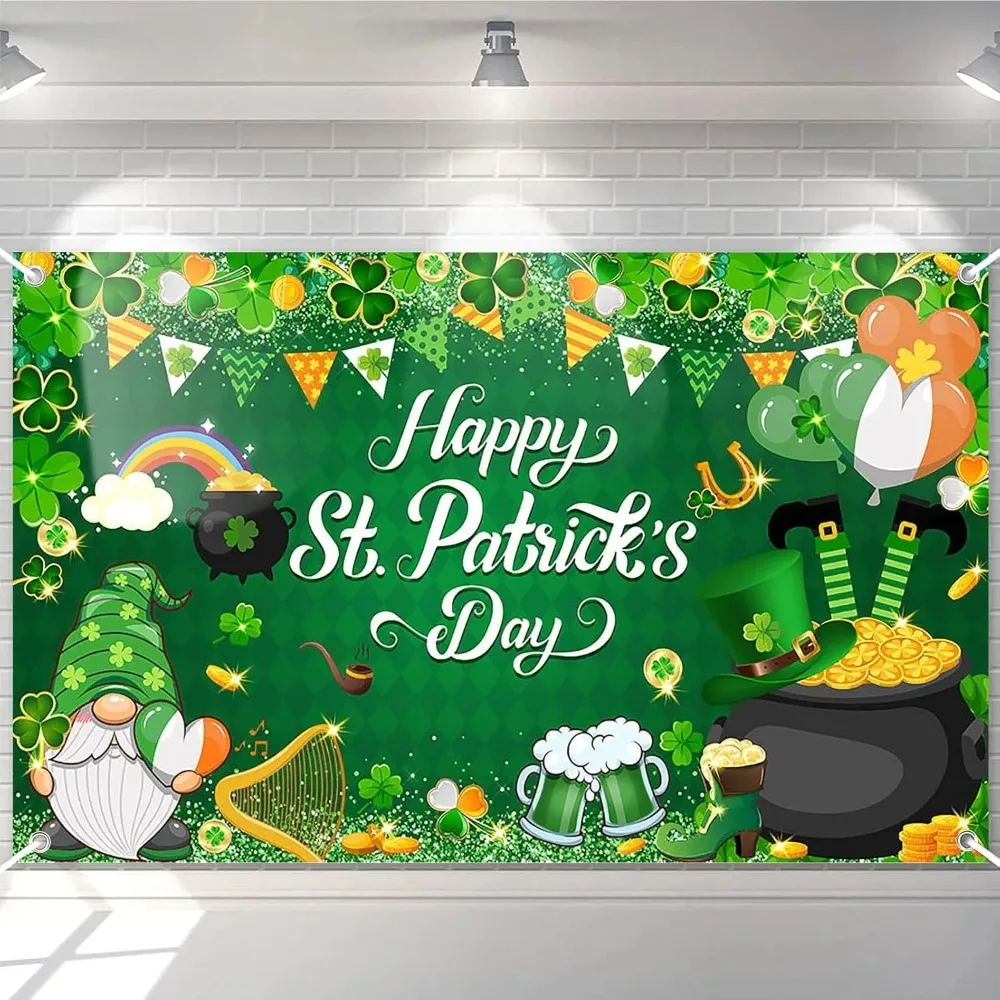 

St. Patrick's Day wooden house lucky Irish banner photography background, clover gold coin party decoration photography Backdrop
