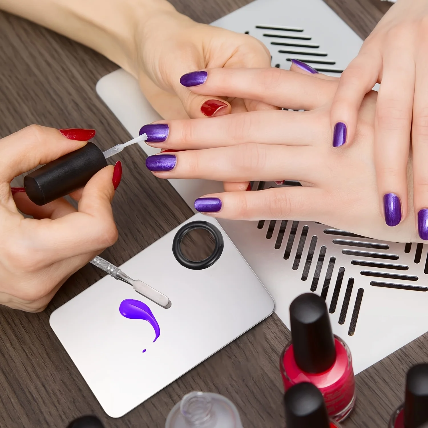 1개 메이크업 파운데이션 스프레더 세트 - 링이 있는 스테인리스 스틸 팔레트 및 브러시 - 파운데이션을 바르고 블렌딩하는 데 완벽합니다