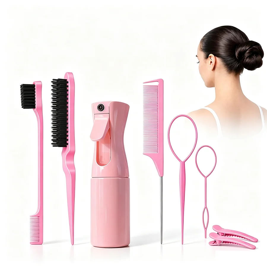 Hair Styling Kit Hair Spray Bottles, Brush with Water Spray, Edge Comb, Smoothing Comb Rat Tail Comb, 2 Clips Bag