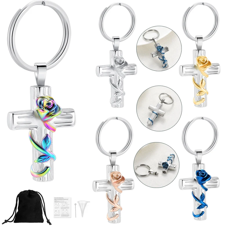 

Rose Cross Cremation Keychain Women Memorial Jewelry Urns For Ashes Keepsake Stainless Steel Urn Keyring Elegant Gifts