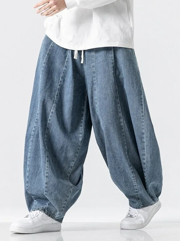 

Мужские джинсы в стиле ретро, японские, из выстиранного денима, больших размеров, широкие брюки-фонари, свободные повседневные брюки-харлан, в китайском стиле, свободные прямые брюки