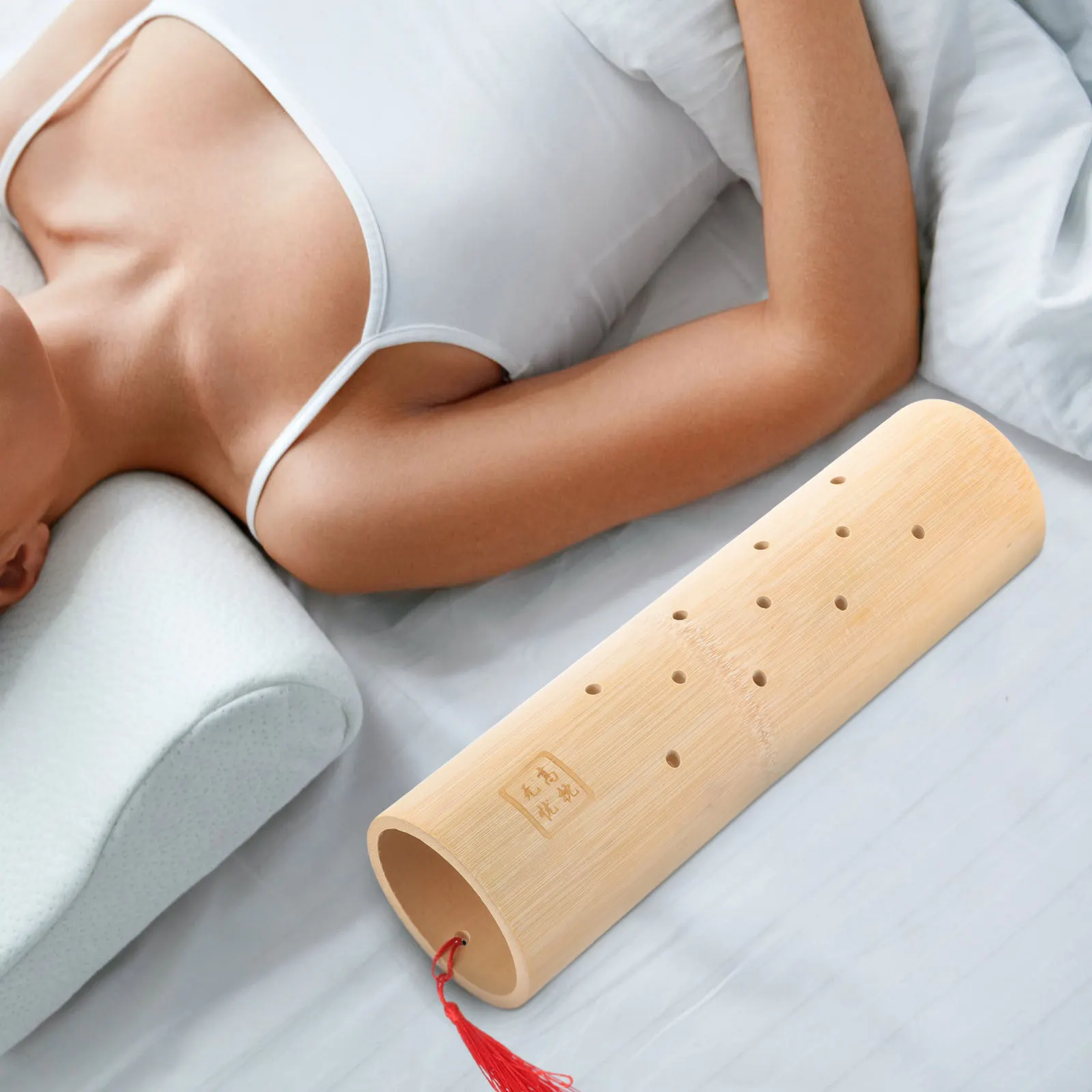 Bamboo Neck Pillow Ergonomic Design Fits Head Curve Waist Range Supports Neck Spine Joints Lower Back Knees Calves Feet Bamboo